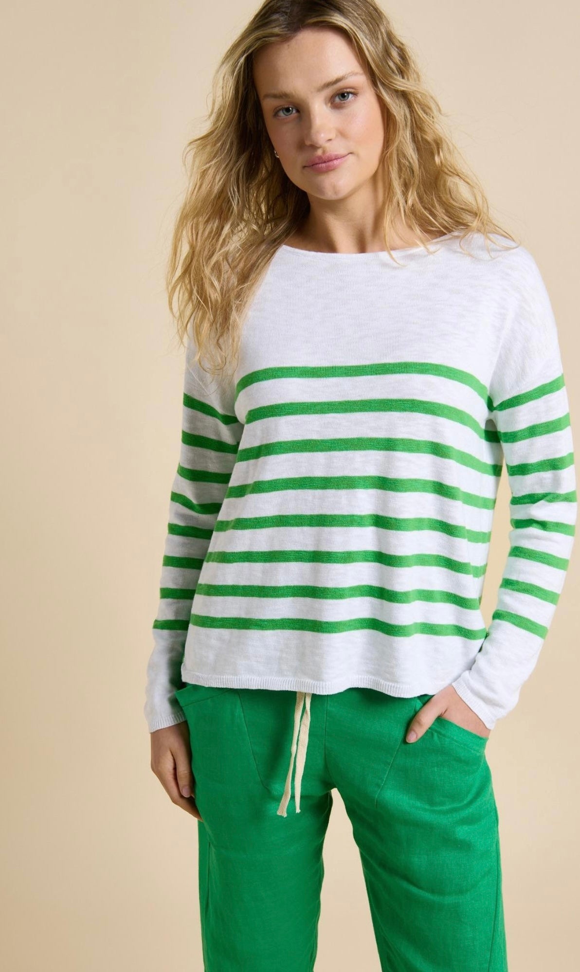 Bobby Top - White / Green Stripe
