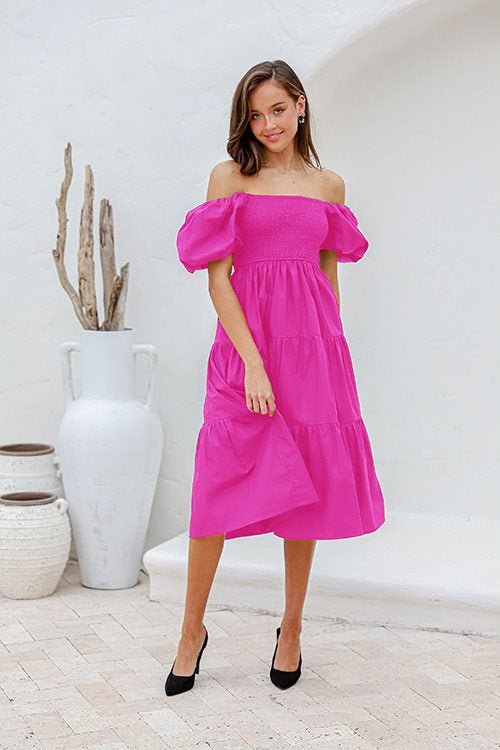 Off the Shoulder Dress - Hot Pink